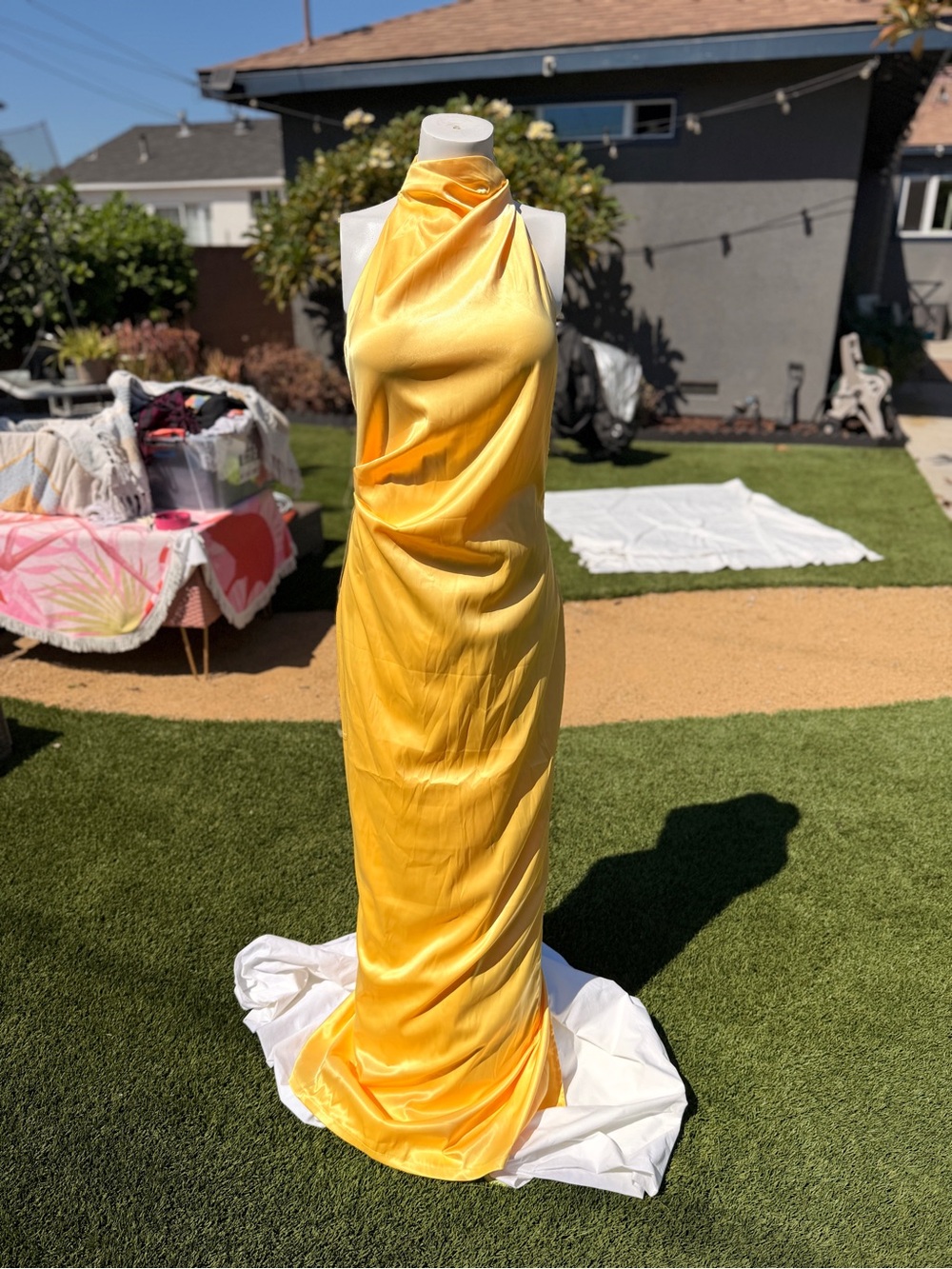 Fashion Nova Yellow Halter Satin Bridal Gown
